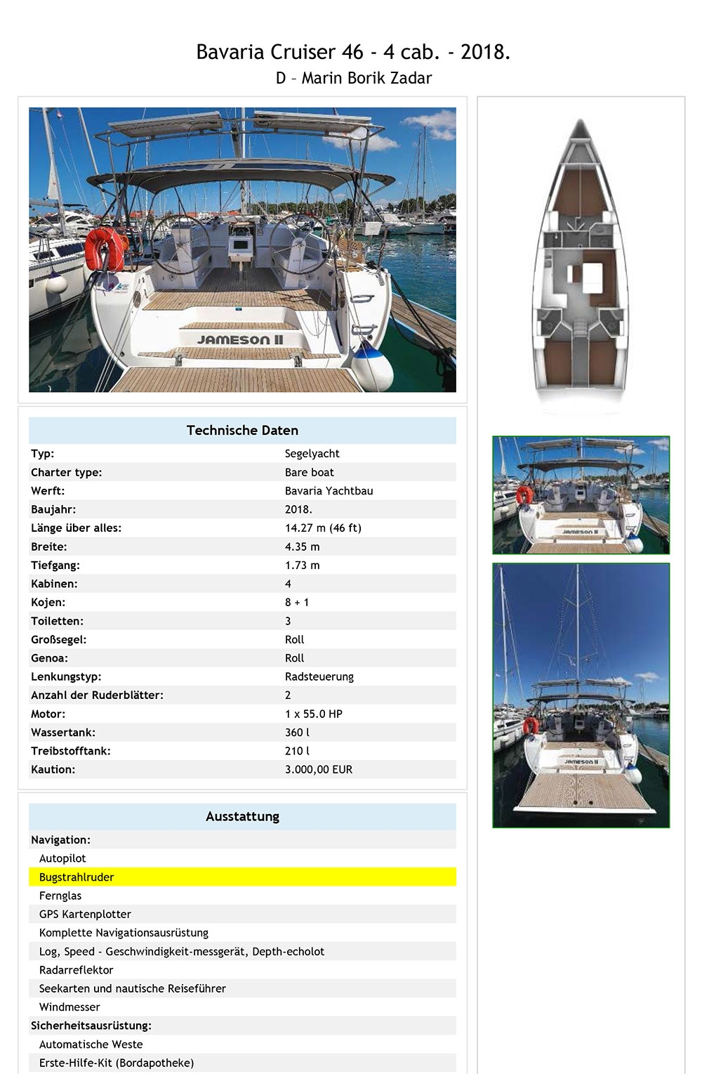 Bavaria 46 Jameson II Equipment list