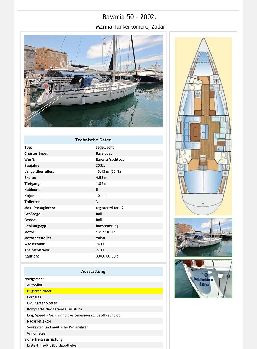 Bavaria 50 Dalmatino Zara equipment list